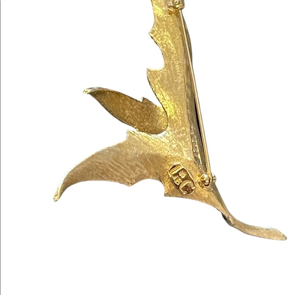 Vintage LEC Boucher Leaf crystal rhinestone brushed gold brooch - Picture 3 of 5